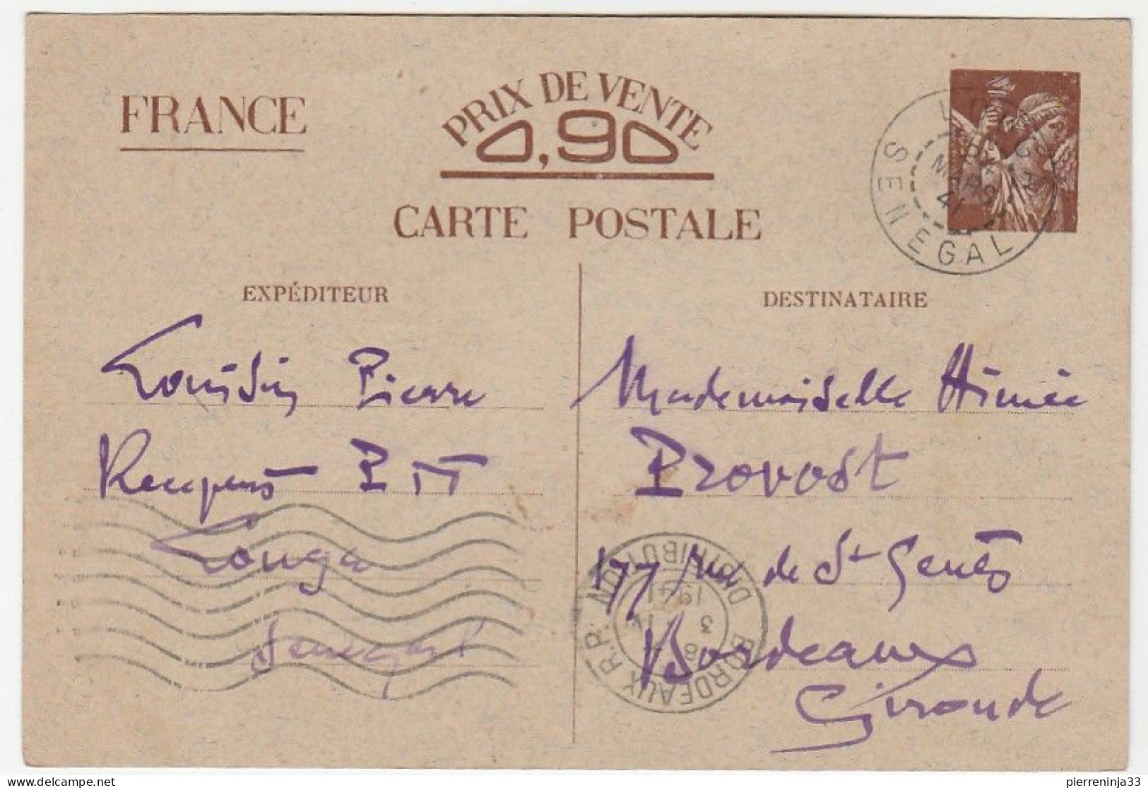 Carte Entier Postal Type Iris De Louga / Sénégal Pour Bordeaux, 1941 - Postales Tipos Y (antes De 1995)