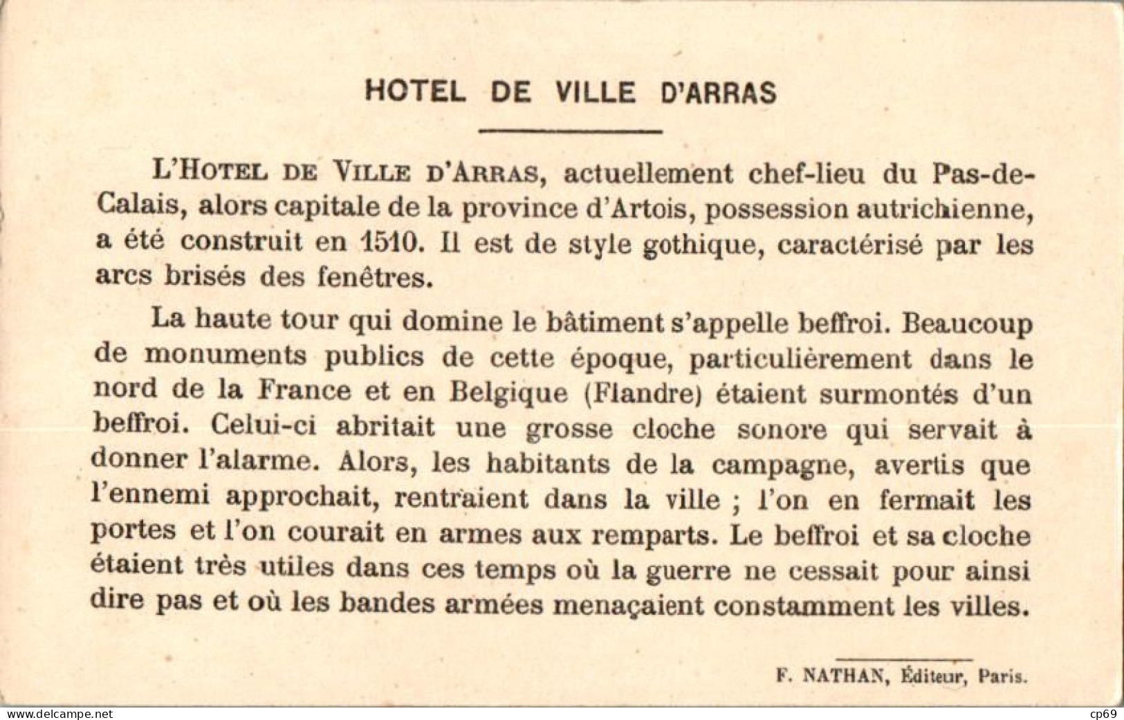 Image N°1 Hôtel-de-Ville D'Arras Pas-de-Calais Département Du 62 Texte Au Dos En TB.Etat - Autres & Non Classés