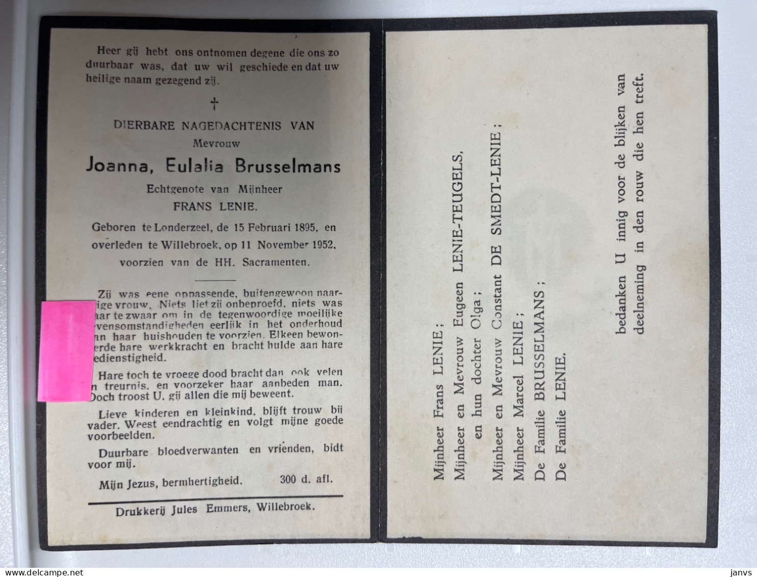 Devotie Devotion  DP - Overlijden Joanna Brusselmans Echtg Lenie - Londerzeel 1895 - Willebroek 1952 - Décès