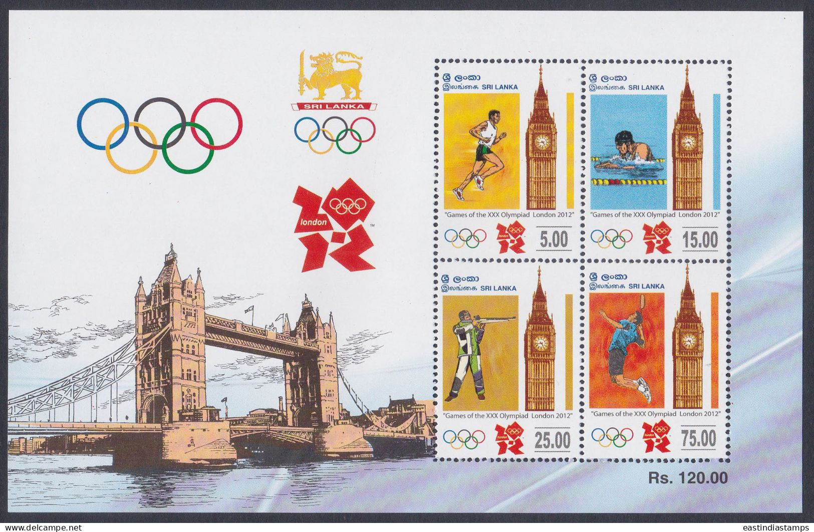 Sri Lanka 2012 MNH MS Olympics, Olympic Games, Sport, Sports, London, Swimming, Tennis, Shooting, Bridge Miniature Sheet - Sri Lanka (Ceilán) (1948-...)
