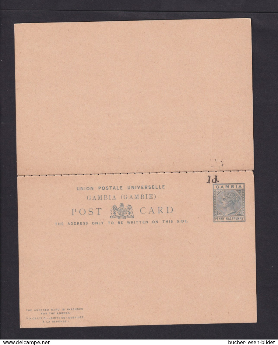 1 1/2 P. Doppel-Ganzsache (P 4a) Mit Stark Verschobenen Aufdruck "1 D" - Ungebraucht - Gambia (...-1964)