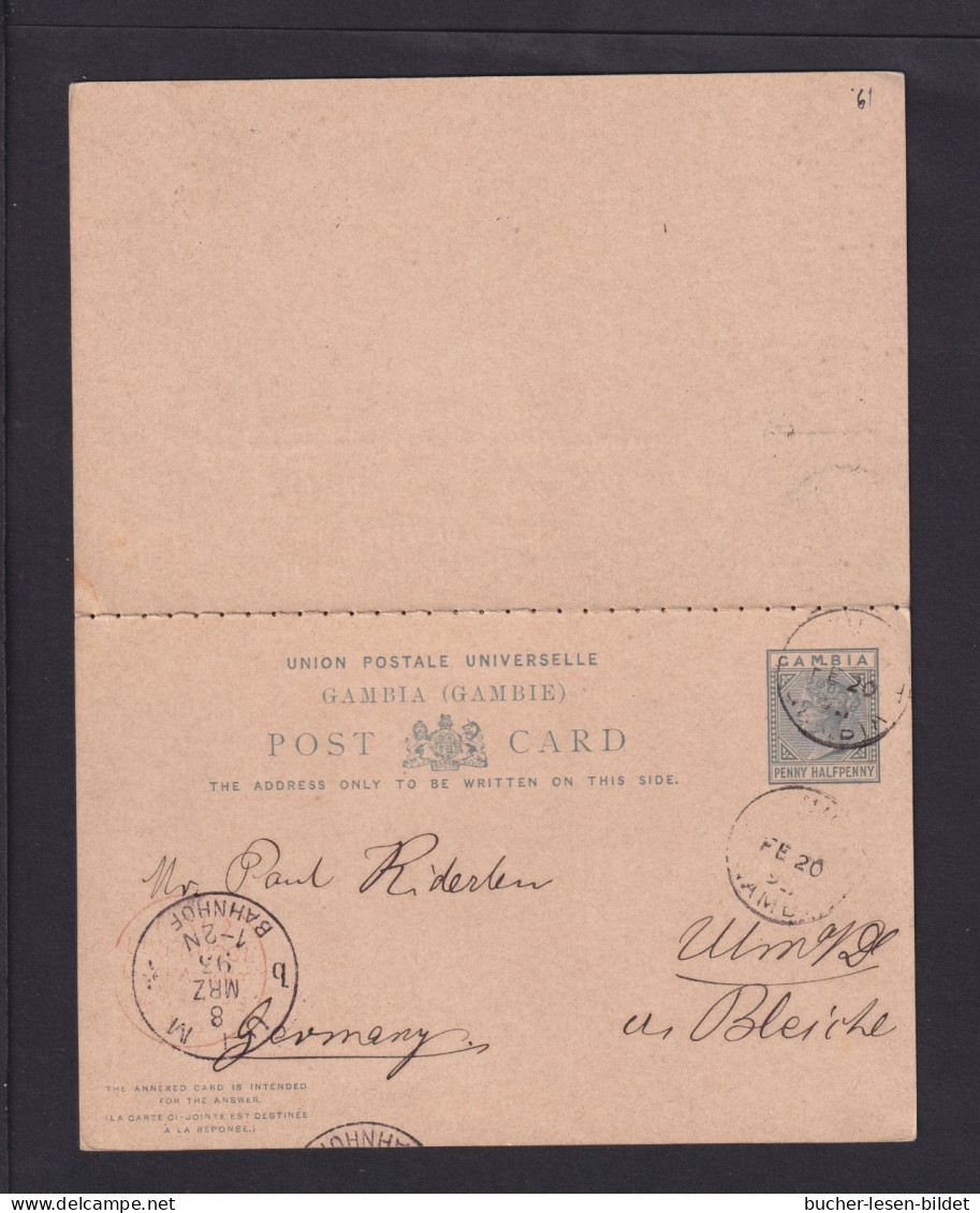 1893 - 1 1/2 P. Doppel-Ganzsache (P 2) Ab Bathurst Nach Ulm - Gambia (...-1964)