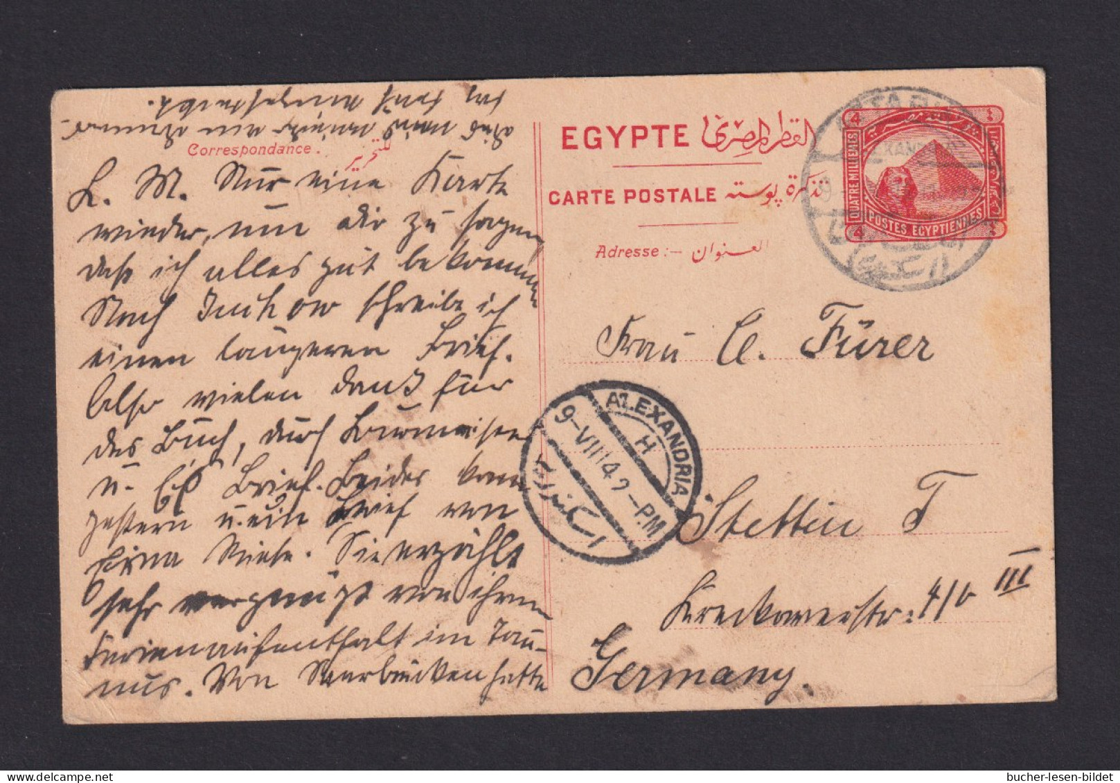 1914 - 4 M. Ganzsache Via Alexandria Nach Stettin - 1866-1914 Khedivato De Egipto