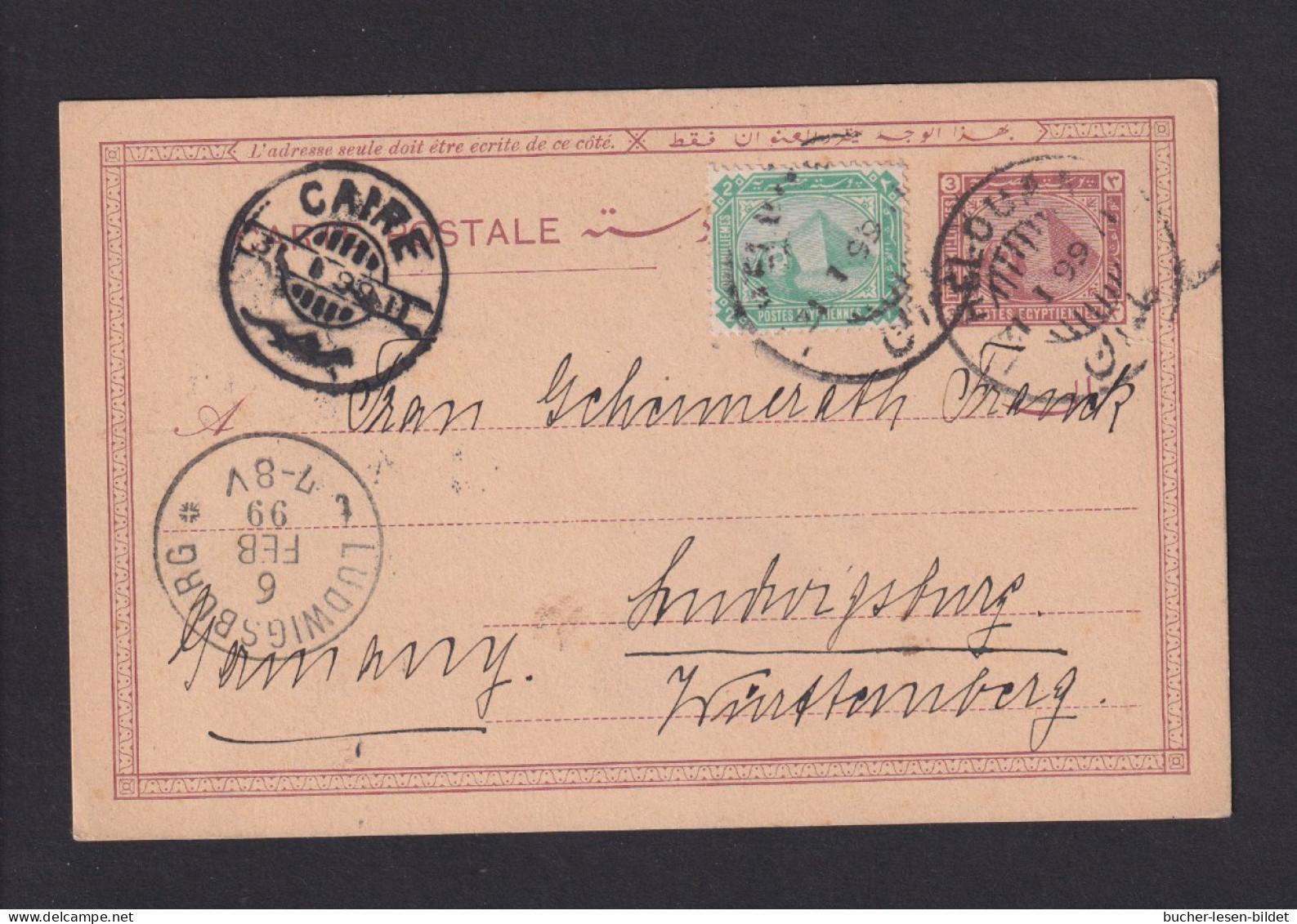 1899 - 3 M. Ganzsache Mit Zufrankatur Ab HELOUAN Nach Ludwigsburg - 1866-1914 Khedivate Of Egypt