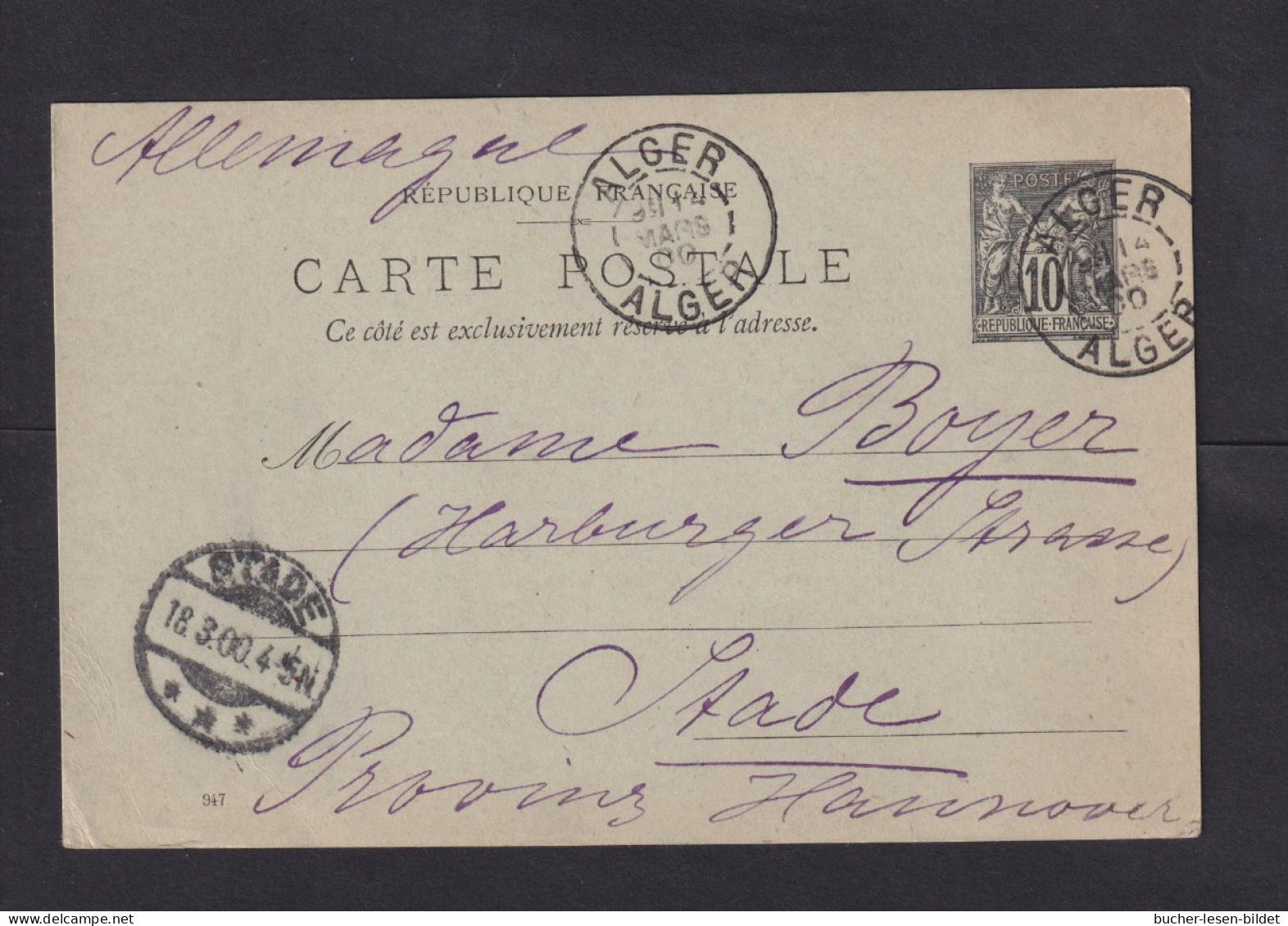 1900 - 10 C. Frankreich Ganzsache Ab ALGER Nach Stade - Lettres & Documents