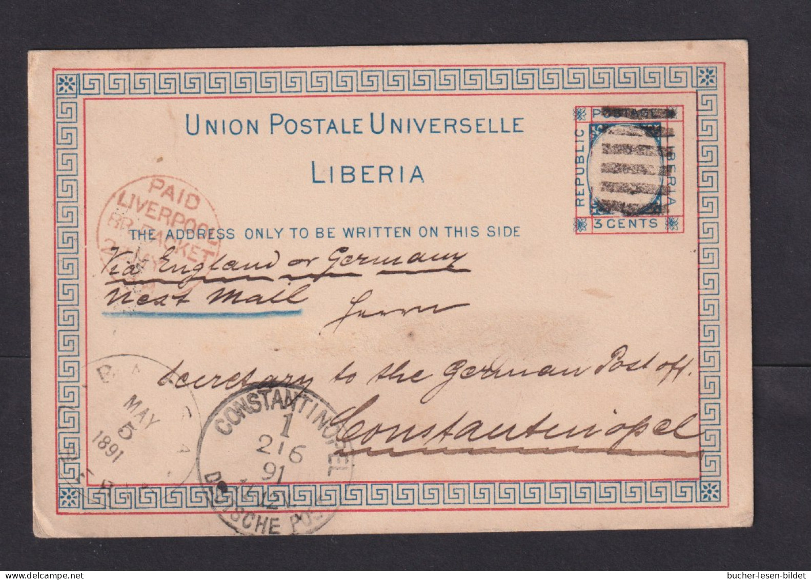 1891 - 3 C. Ganzsache Ab Grand Bassa Nach CONSTANTINOPEL  - Liberia