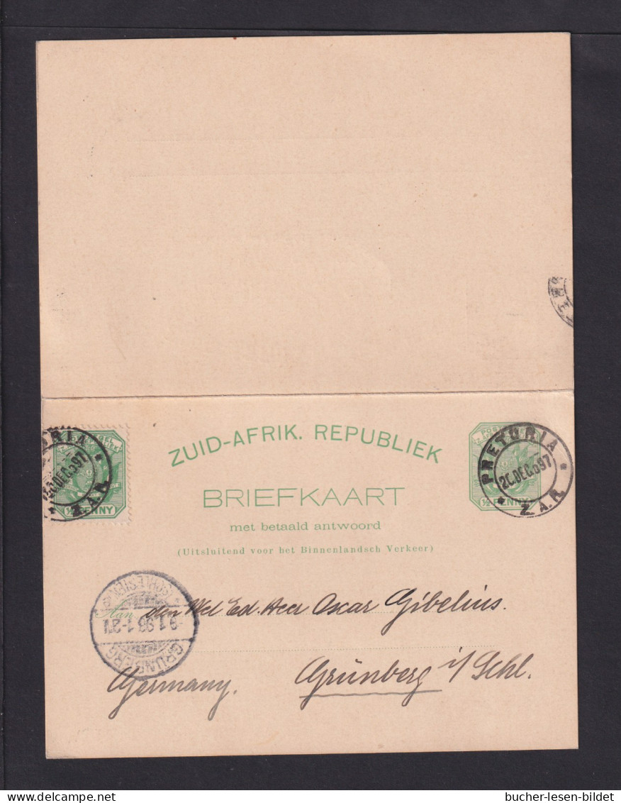 1897 - 1/2 P. Doppel-Ganzsache Mit 1/2 P. Zufrankiert Ab Pretoria Nach Grünberg - Transvaal (1870-1909)