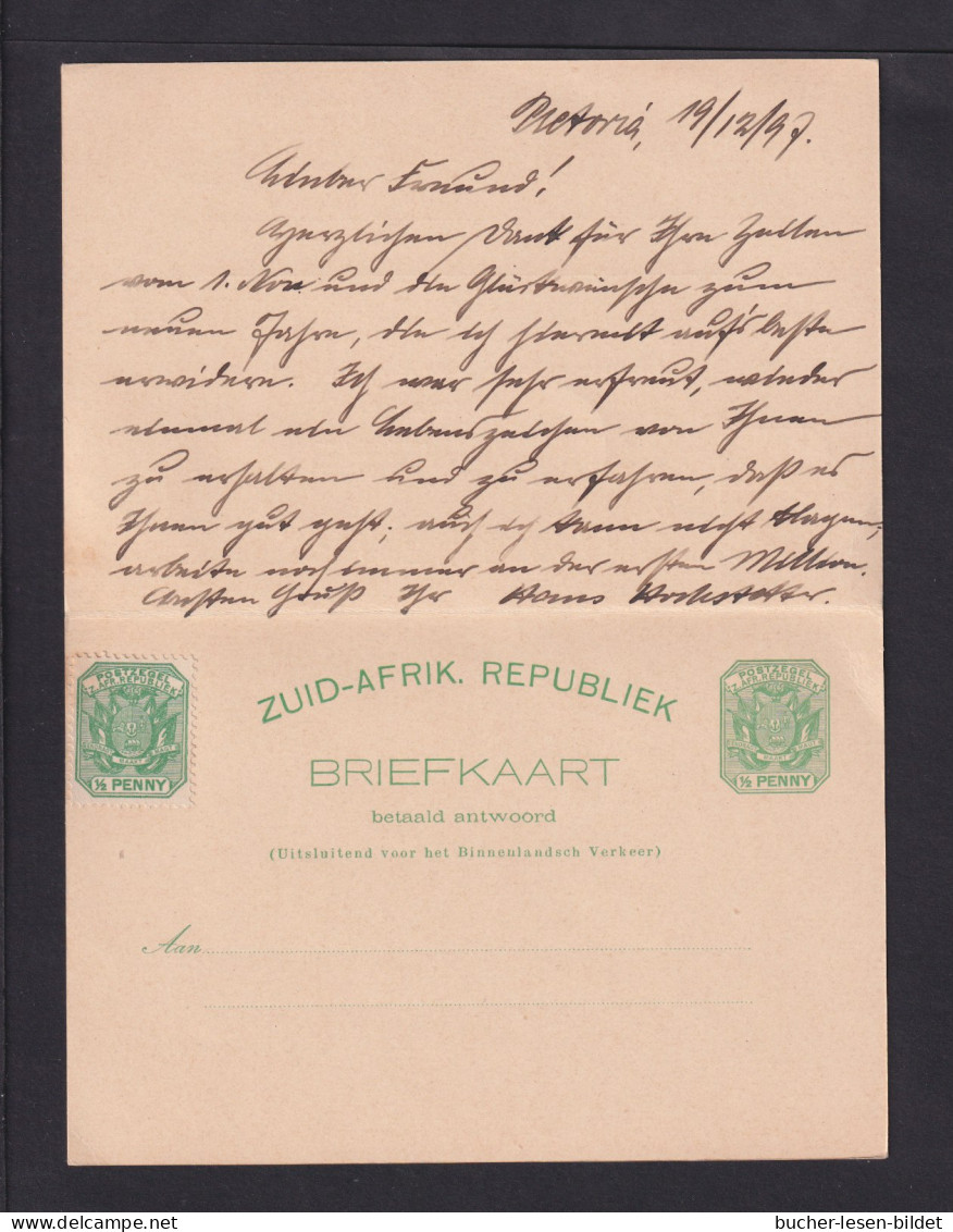 1897 - 1/2 P. Doppel-Ganzsache Mit 1/2 P. Zufrankiert Ab Pretoria Nach Grünberg - Transvaal (1870-1909)