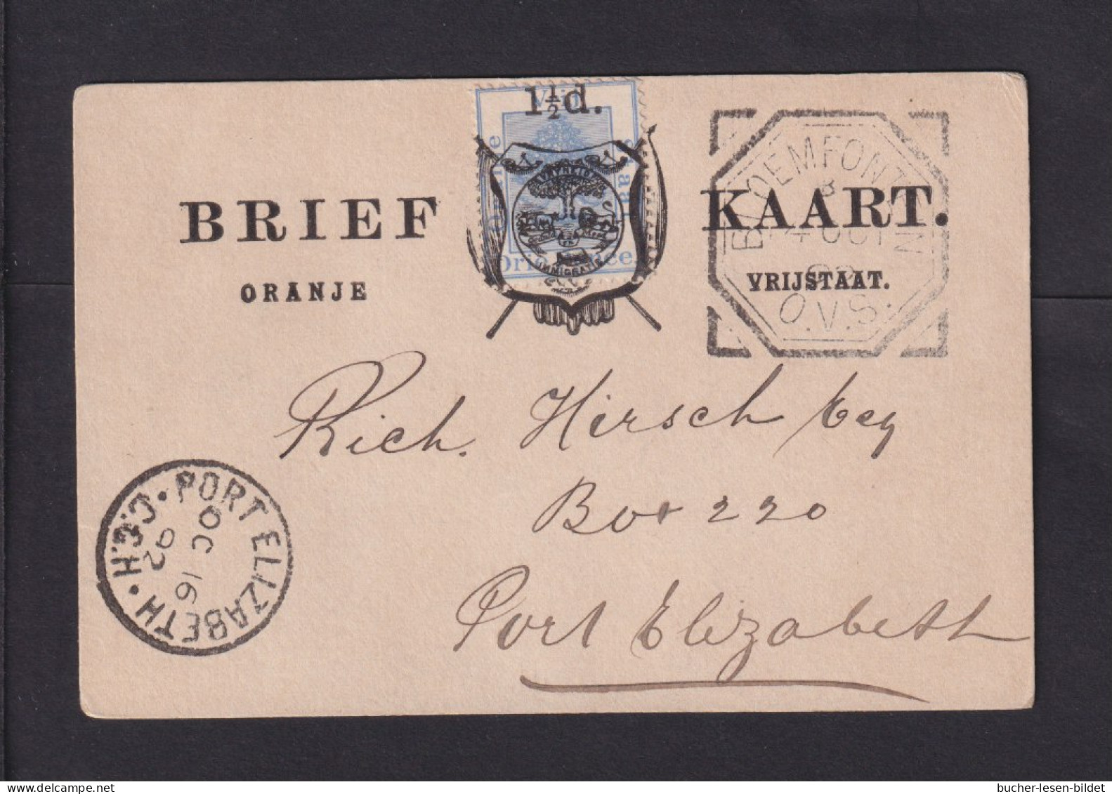 1892 - 1 1/2 P. Überdruck Prov. Ganzsache Ab Bloenfontein Nach Port Eilzabeth - Oranje-Freistaat (1868-1909)