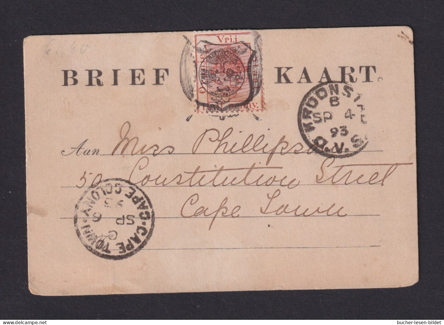 1893 - 1/2 P.  Prov. Ganzsache Ab Kronstad Nach Cape Town - Oranje Vrijstaat (1868-1909)