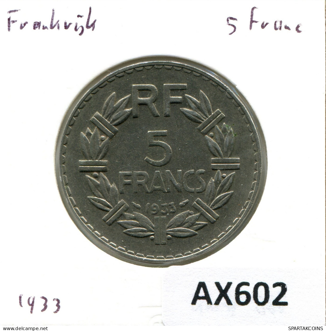 5 FRANCS 1933 FRANCE Coin #AX602.U.A - 5 Francs