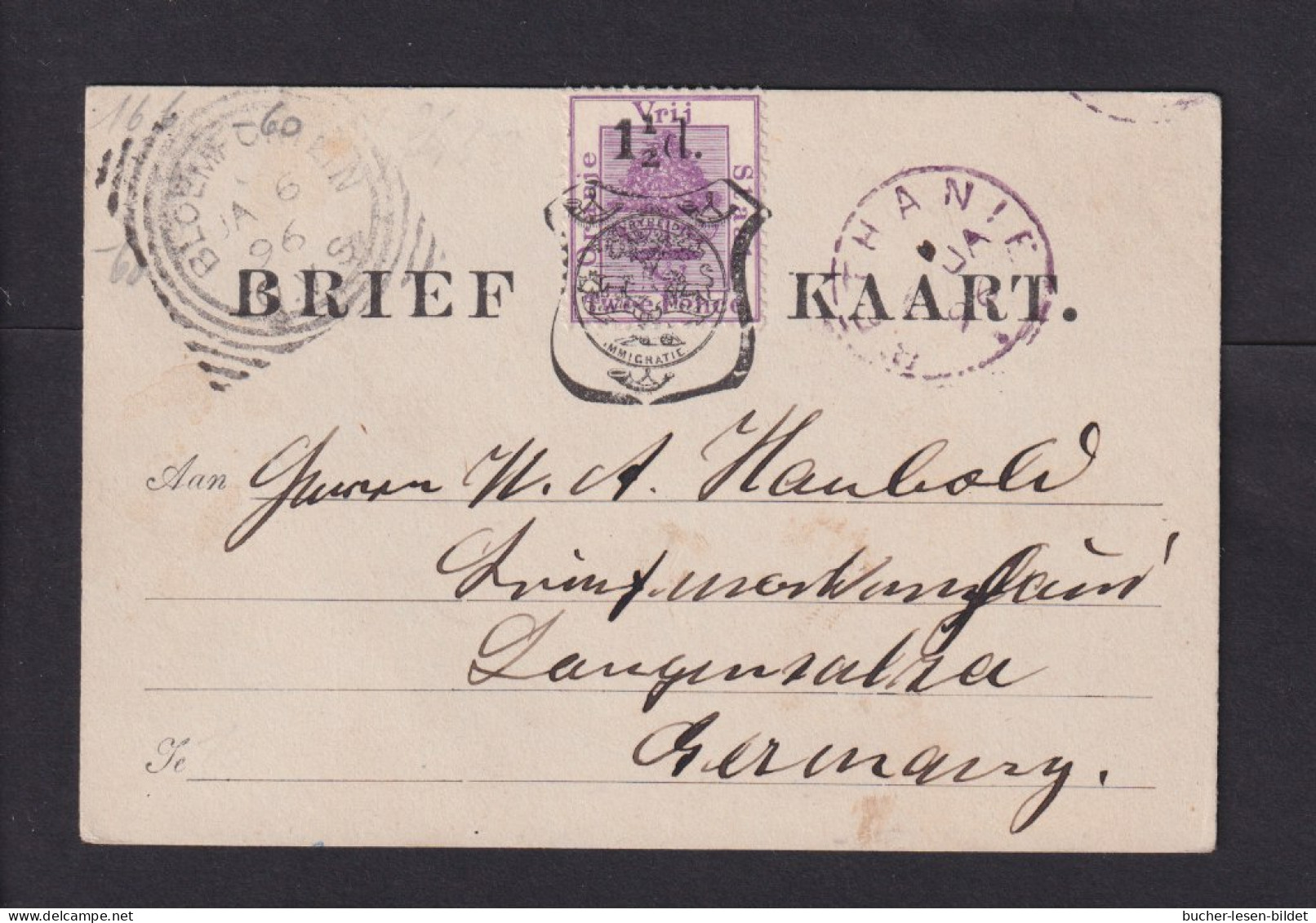 1896 - 1 1/2 P. Überdruck Provisorische Ganzsache Ab Bethanien (Lila Stempel) Nach Deutschland - Estado Libre De Orange (1868-1909)
