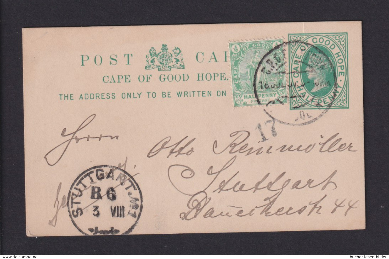 1901 - 1/2 P. Ganzsache Mit Zufrankatur Ab Capetown Nach Stuttgart - Cape Of Good Hope (1853-1904)