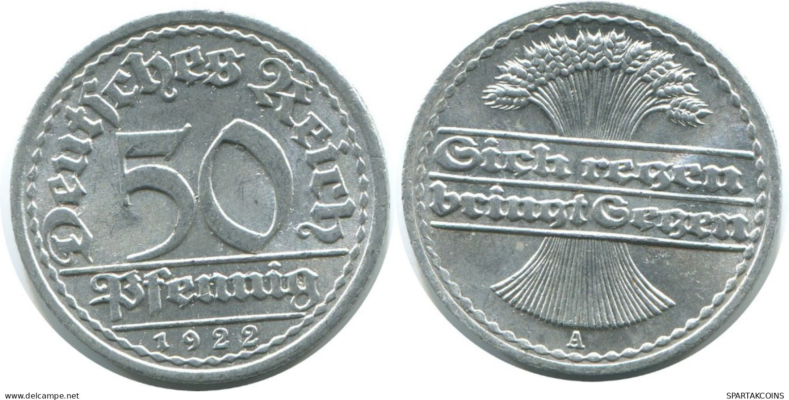 50 PFENNIG 1922 A GERMANY Coin #AE426.U.A - 50 Renten- & 50 Reichspfennig