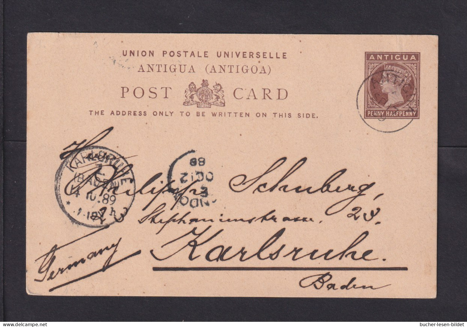 1889 - 1 1/2 P. Ganzsache (P 3) Ab Antigua Nach Karlsruhe  - 1858-1960 Colonie Britannique