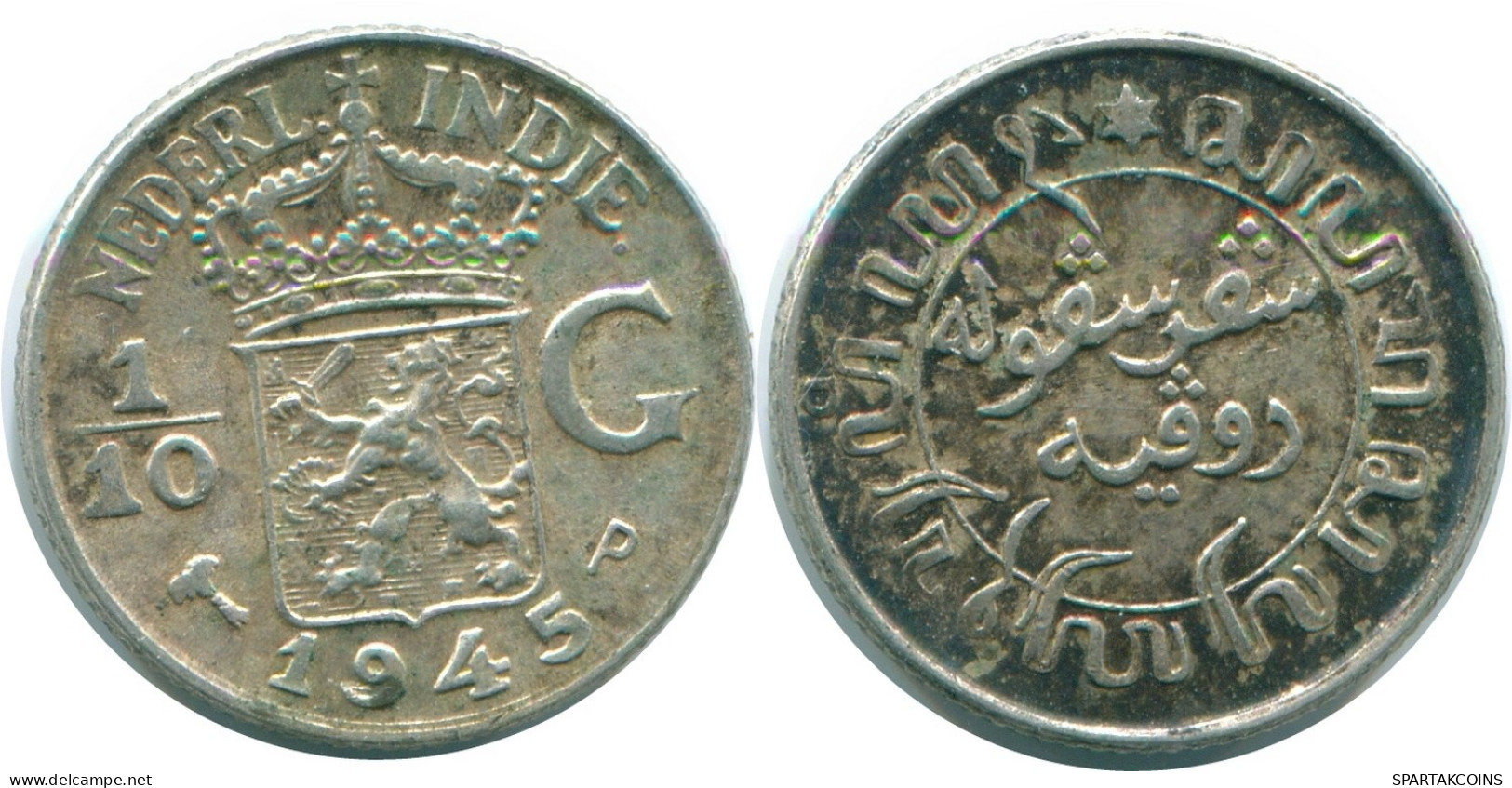 1/10 GULDEN 1945 P NETHERLANDS EAST INDIES SILVER Colonial Coin #NL14132.3.U.A - Nederlands-Indië