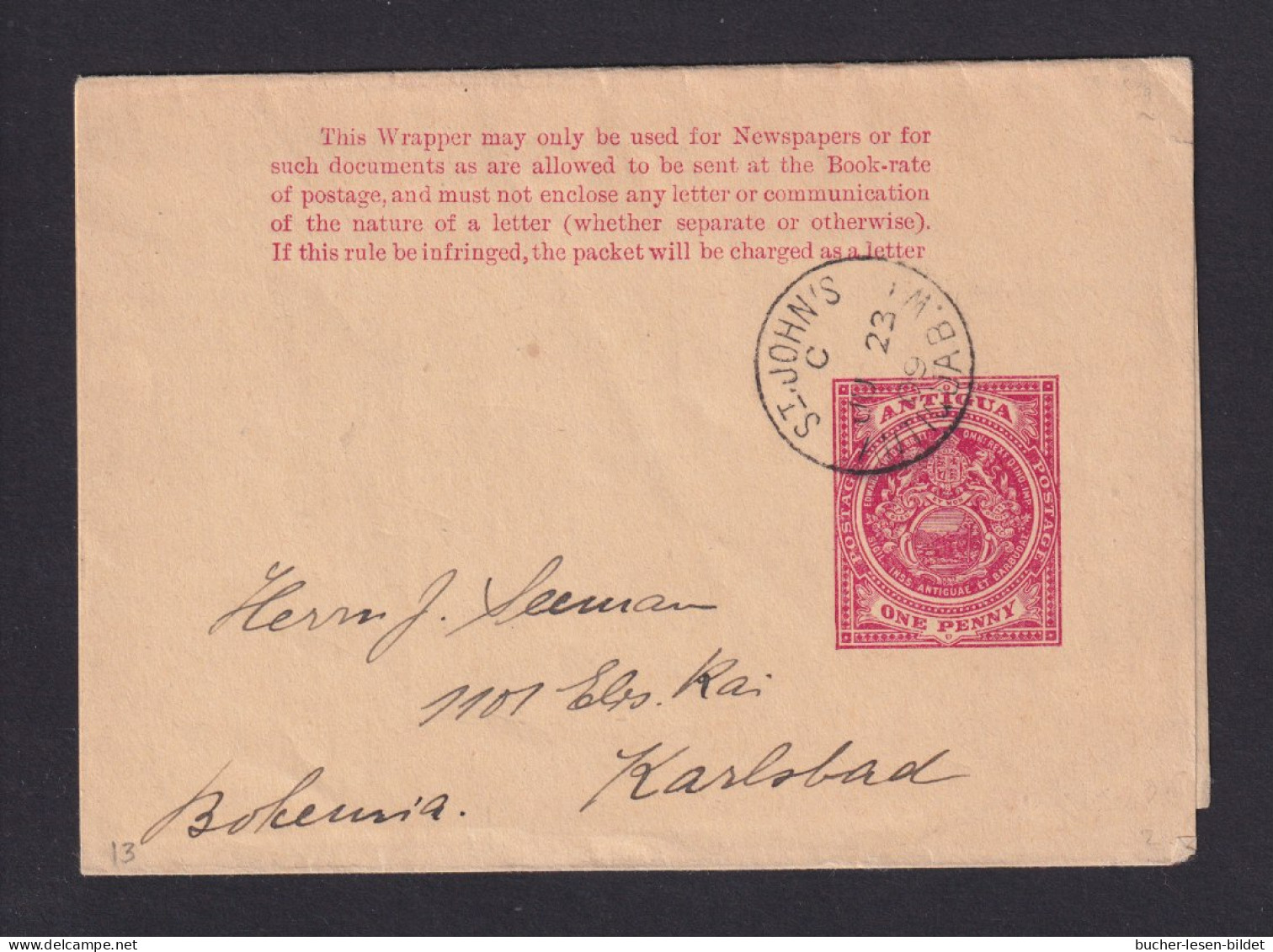 1909 - 1 P. Ganzsache (S 2) Ab St.  Johns Nach Karlsbad - 1858-1960 Colonia Britannica