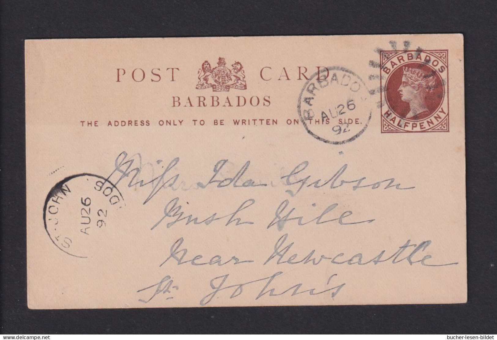 1892 - 1/2 P. Ganzsache (P 2) Ab Barbados Nach St. Johns - Barbados (...-1966)
