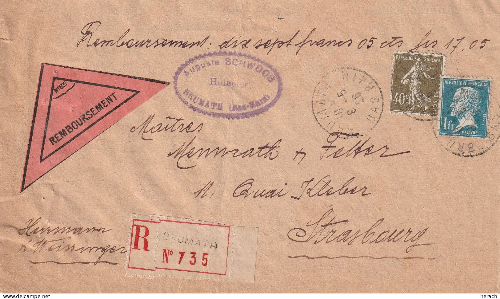 France Alsace Lettre Recommandée Contre Remboursement Brumath 1926 - Brieven En Documenten