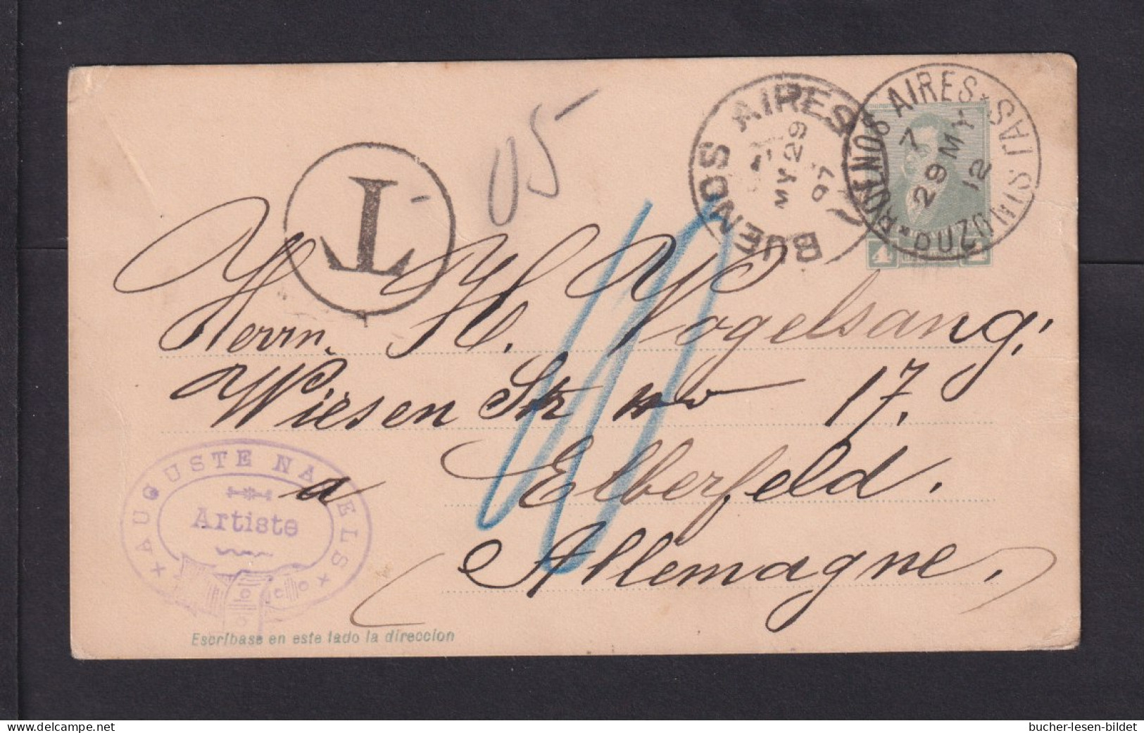 1897 - 4 C. Ganzsache Ab Buenos Aires Nach Elberfled - Tax-Stempel - Cartas & Documentos