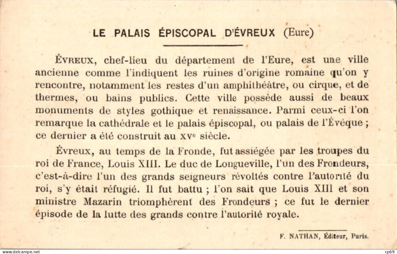 Image N°5 Palais Episcopal D'Evreux Département De L'Eure (27) Texte Au Dos En TB.Etat - Sonstige & Ohne Zuordnung