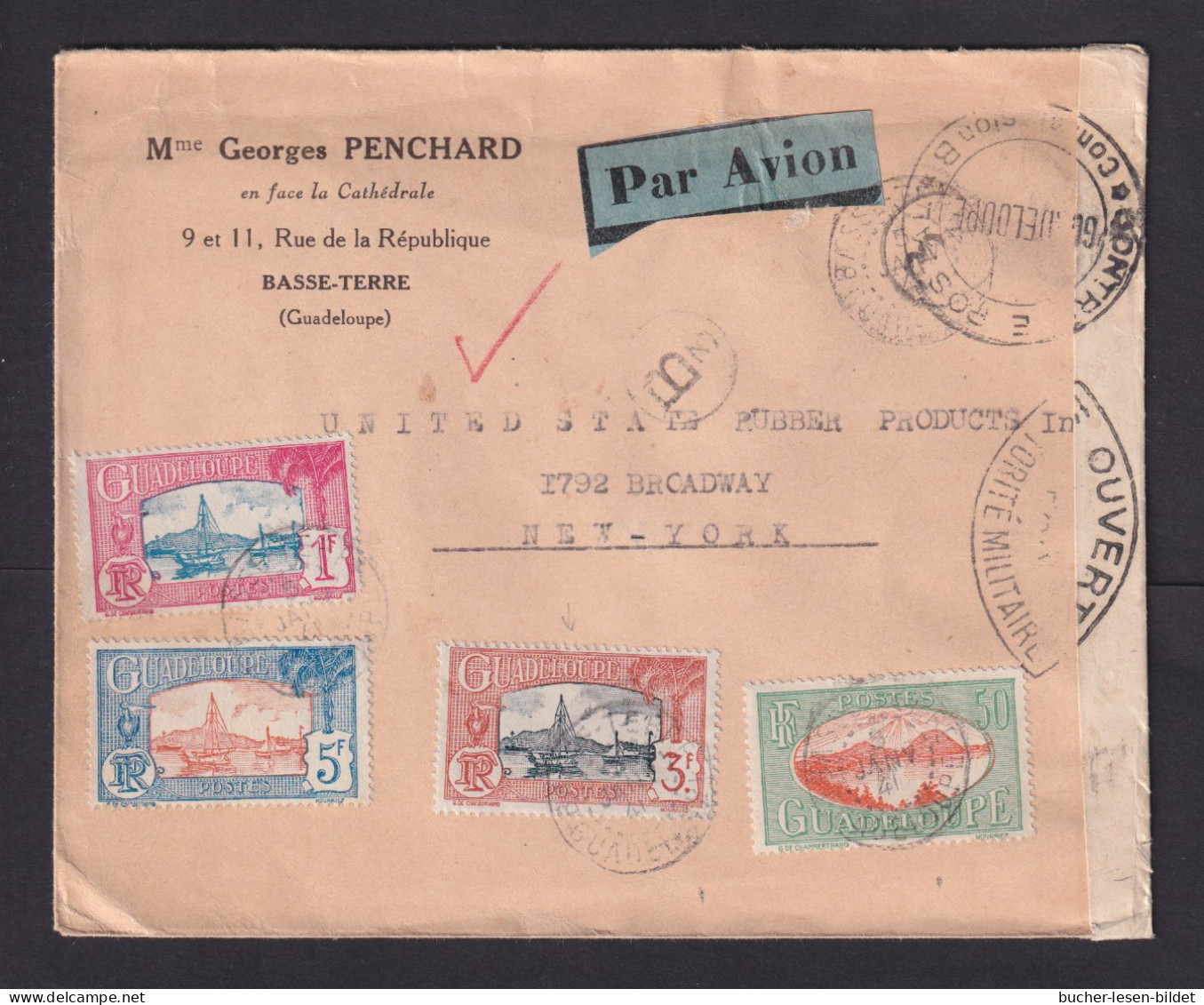 1941 - Mischfrankatur Auf Flugpost-Brief Ab Basse-Terre Nach New York - Zensur - Brieven En Documenten