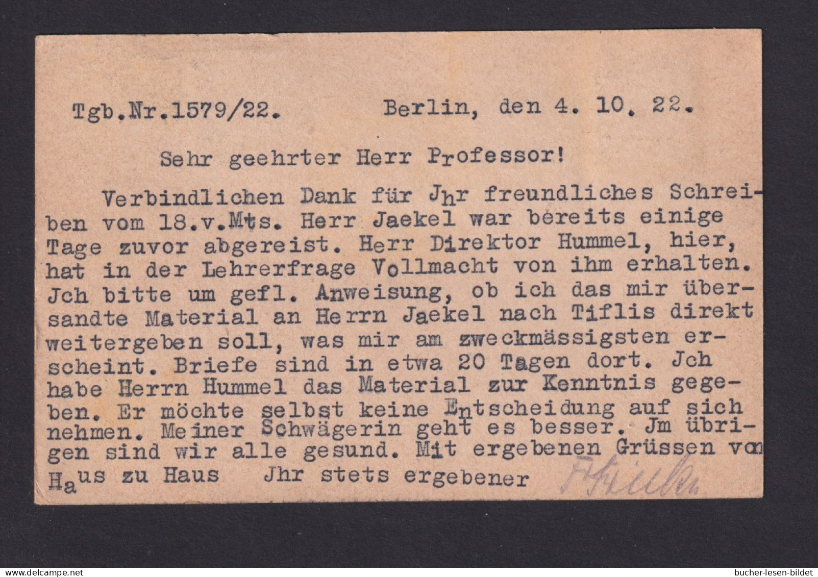 1922, 4.10 - Freimarken Als Zufrankatur Auf Dienst-Ganzsache Ab Berlin Nach Tübingen - Lettres & Documents