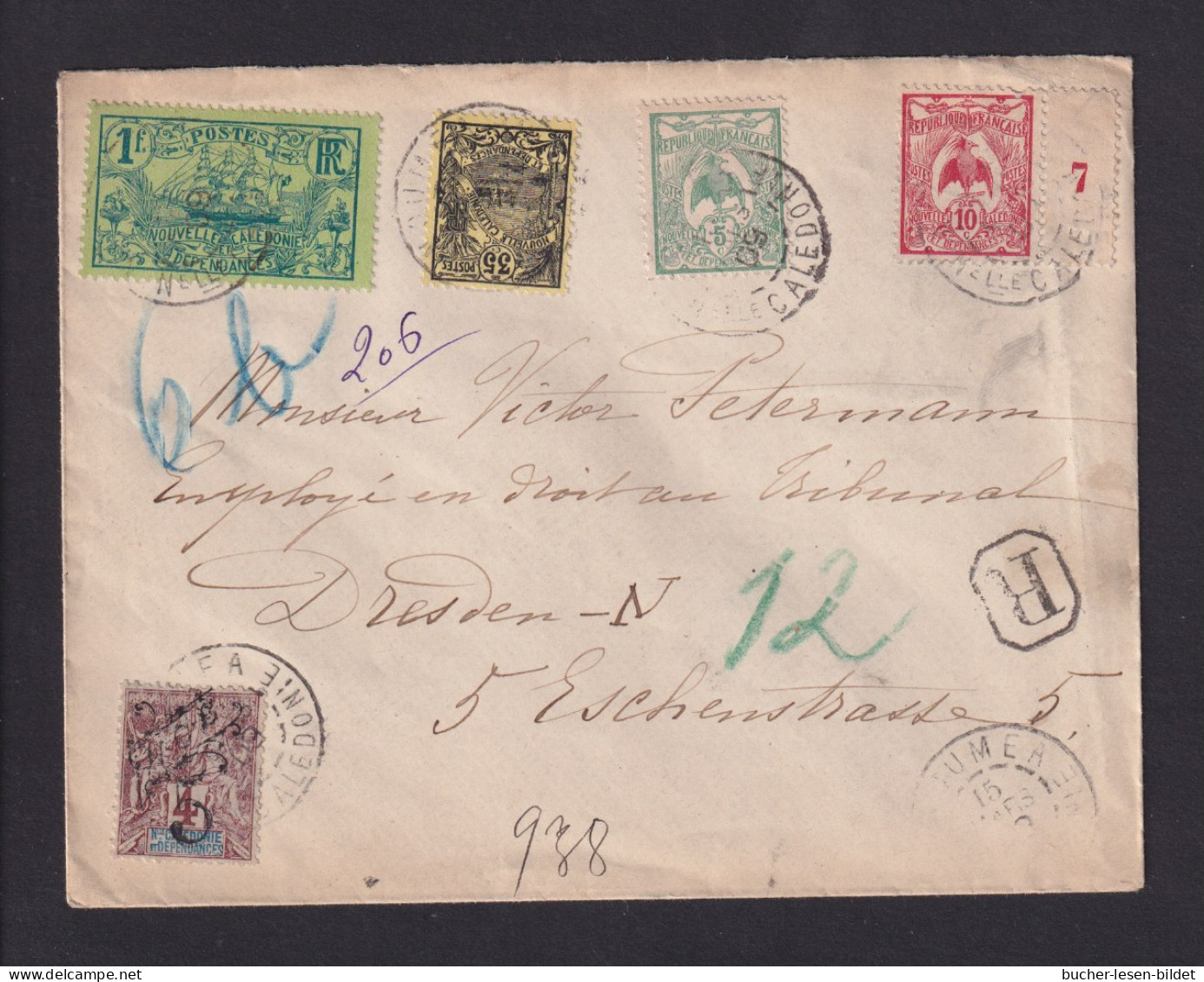 1909 - Mischfrankatur Mit 5 C. Überdruck Auf Einschreibbrief Ab Noumea Nach Dresden - Cartas & Documentos