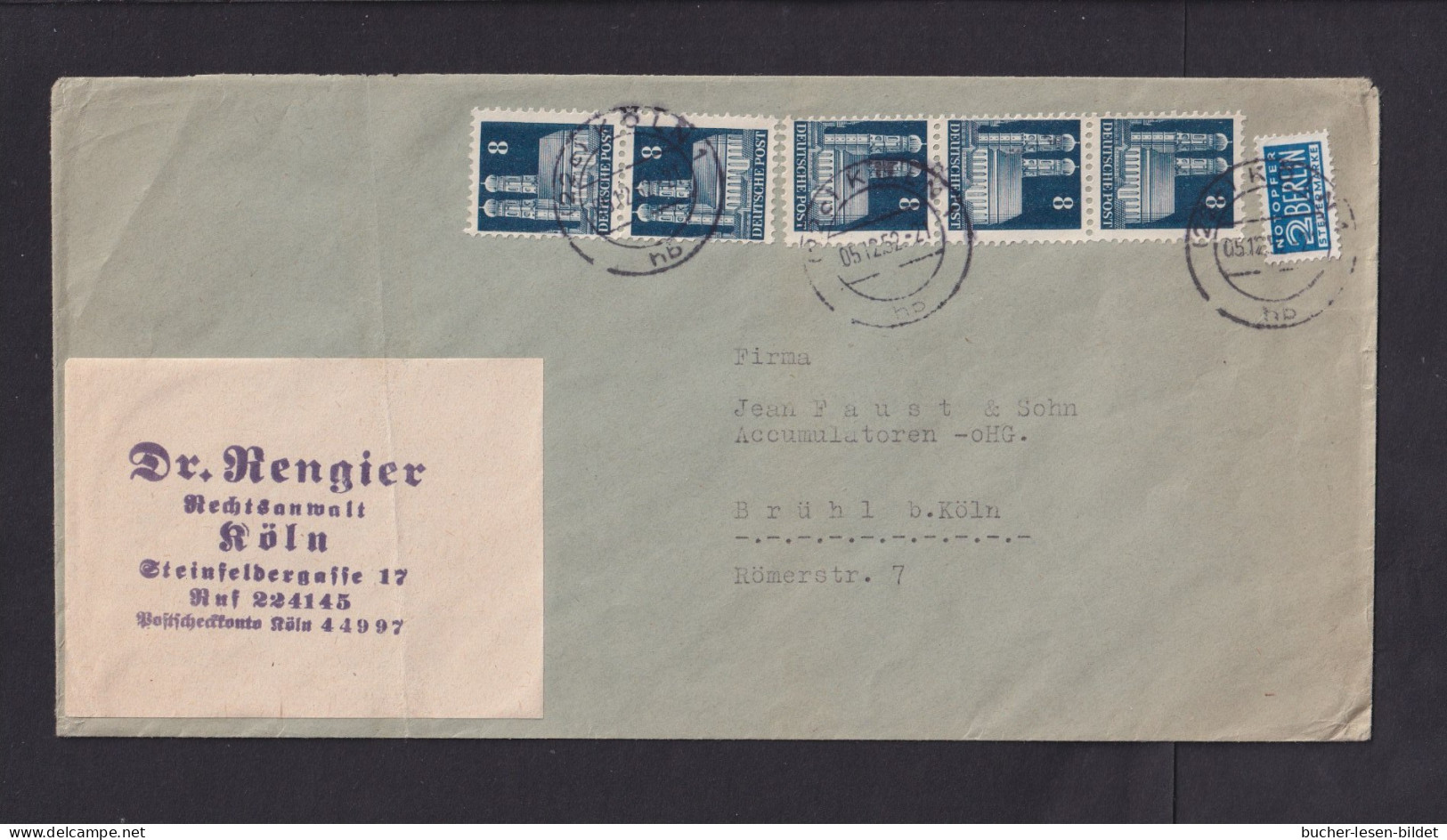 1952 - 5x 8 Pf. Bauten Auf Brief Ab Köln Nach Brühl - Cartas & Documentos