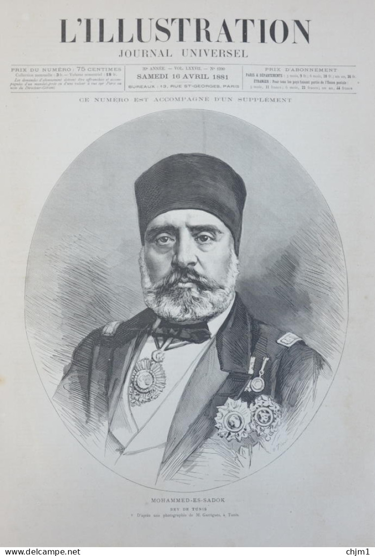 Mohammed-es-Sadok, Bey De Tunis - Page Originale 1881 - Historische Dokumente