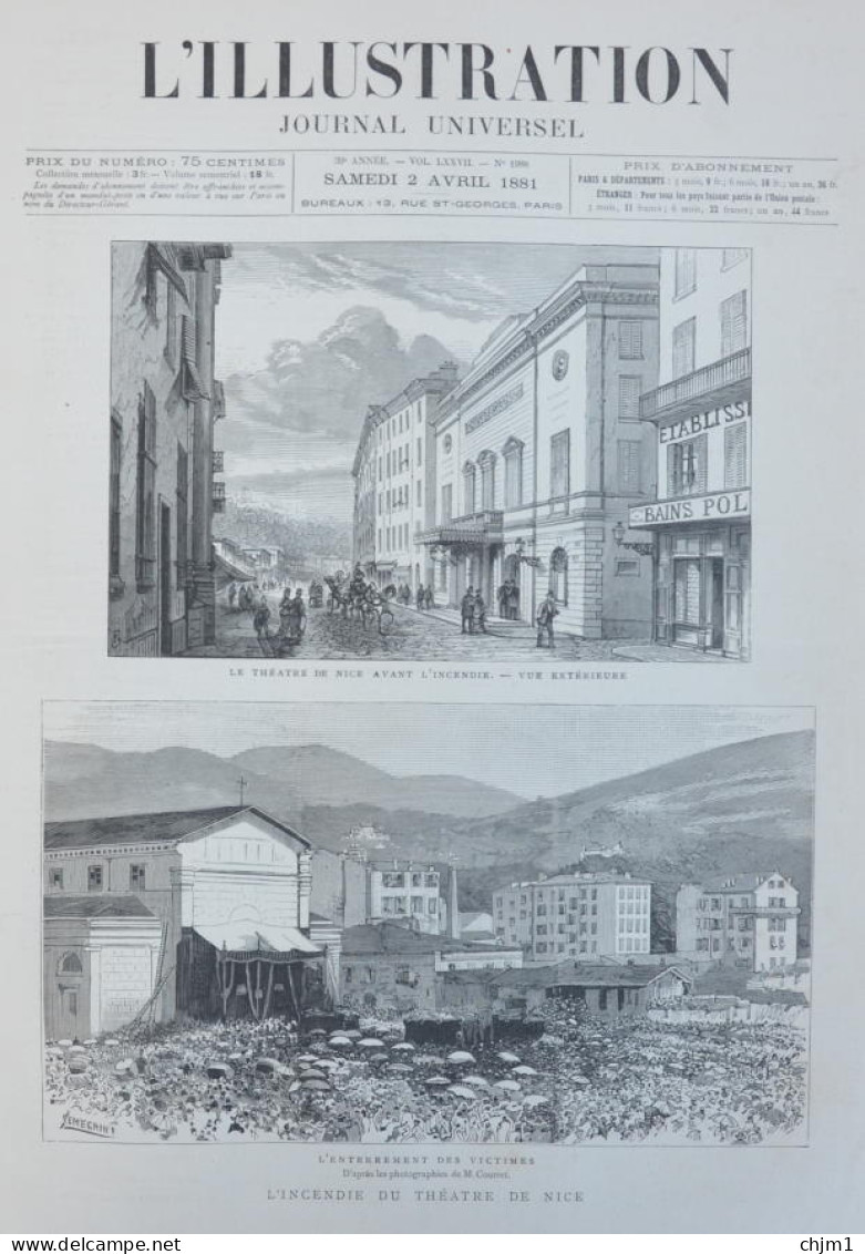 L'incendie Du Théatre De Nice - L'enterrement Des Victimes - Page Originale 1881 - Historical Documents