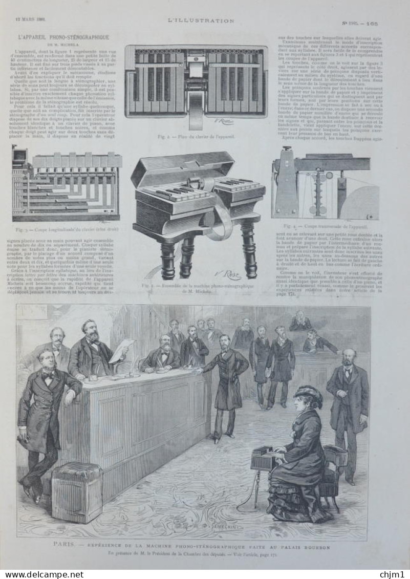 Paris - Expérience De La Machine Phono-sténographique Faite Au Palais Bourbon - Page Originale 1881 - Documents Historiques