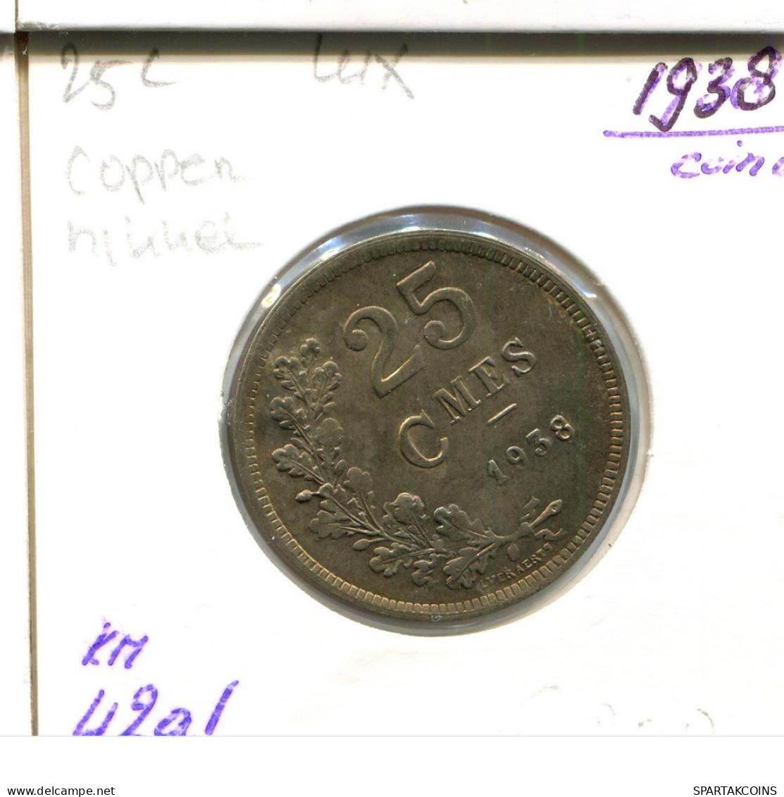 25 CENTIMES 1938 LUXEMBURGO LUXEMBOURG Moneda #AT190.E.A - Luxembourg