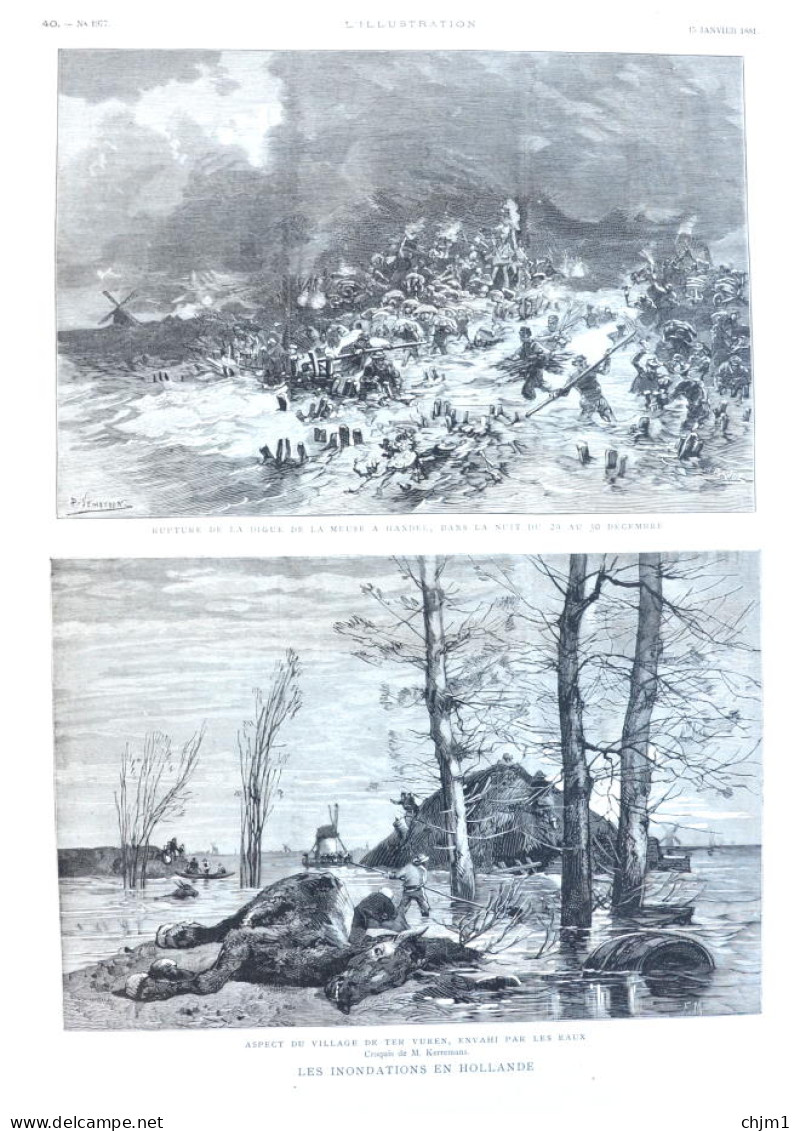 Les Inondations En Hollande - Aspect Du Village De Tervueren - Rupture De La Digue à Handel - Page Originale 1881 - Documents Historiques