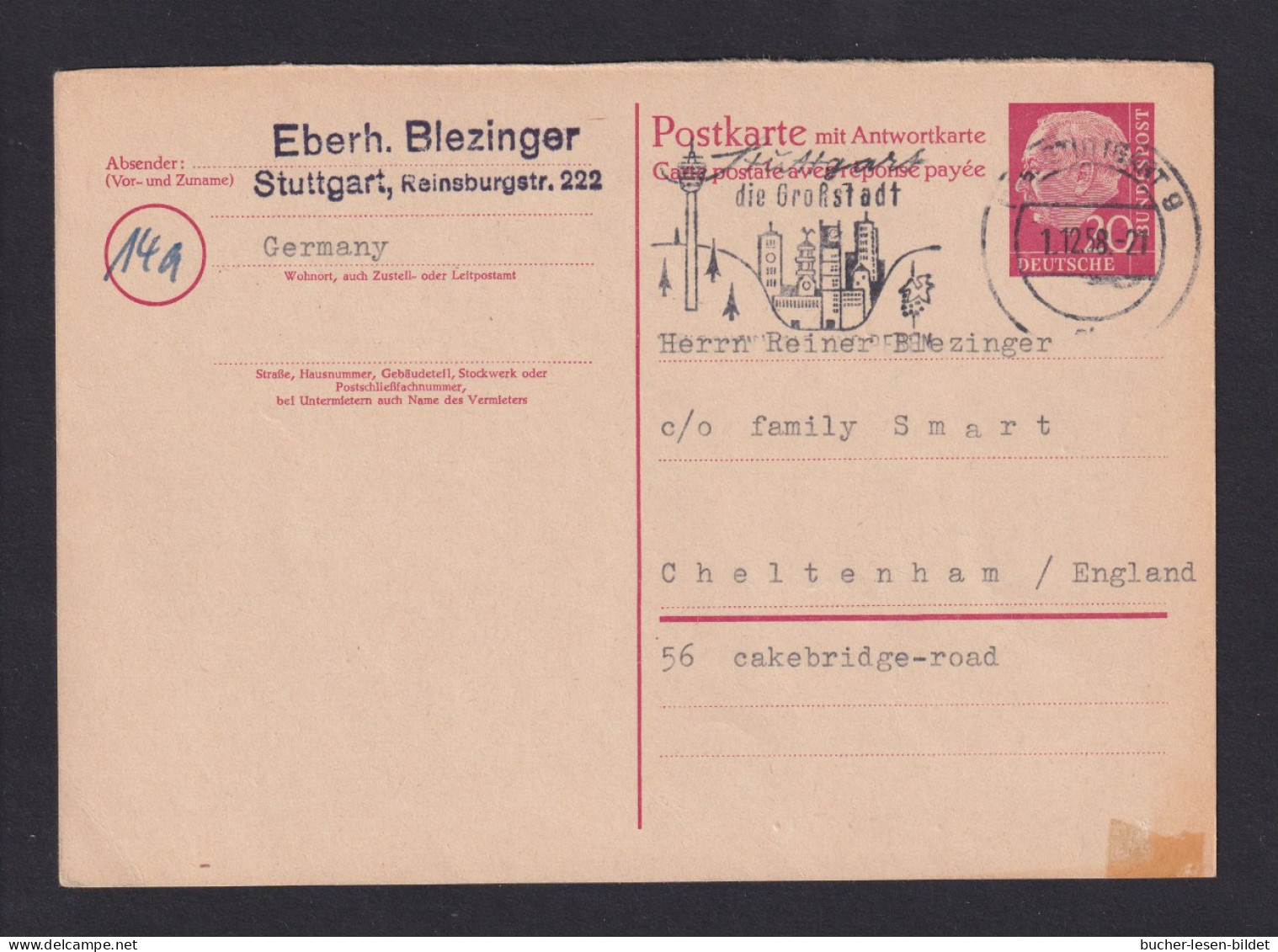 1958 - 20 Pf. Heuss Frage-Ganzsache (P 29F) Ab Stuttgart Nach England  - Postkaarten - Gebruikt