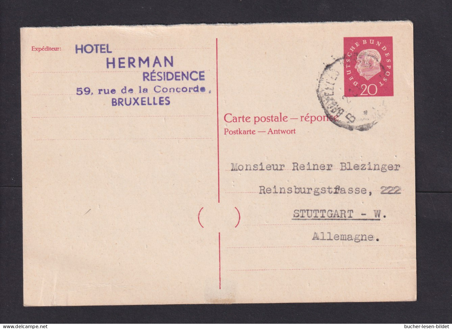 1961 - 20 Pf. Antwort-Ganzsache (P 52A) Ab Brüssel Nach Stuttgart - Cartes Postales - Oblitérées