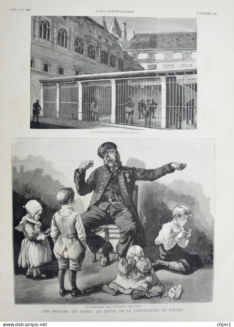 Les Prisons De Paris - Le Depot De La Préfecture De Police - Les Promenoirs Cellulaires - Page Originale 1881 - Documents Historiques