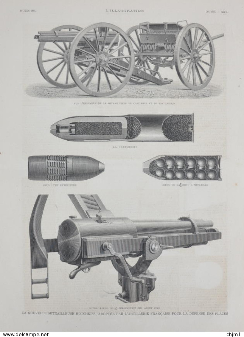 La Nouvelle Mitrailleuse Hotchkiss - La Cartouche - Obus - Page Originale 1881 - Documents Historiques