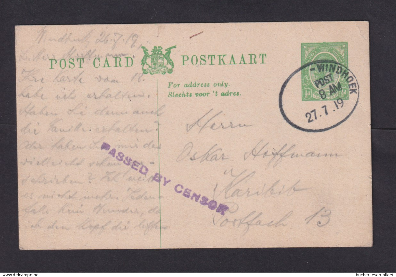 1919 - 1/2 P. Ganzsache Mit Aptiertem Stempel Windhoek Nach Karibib - Zensur - Covers & Documents