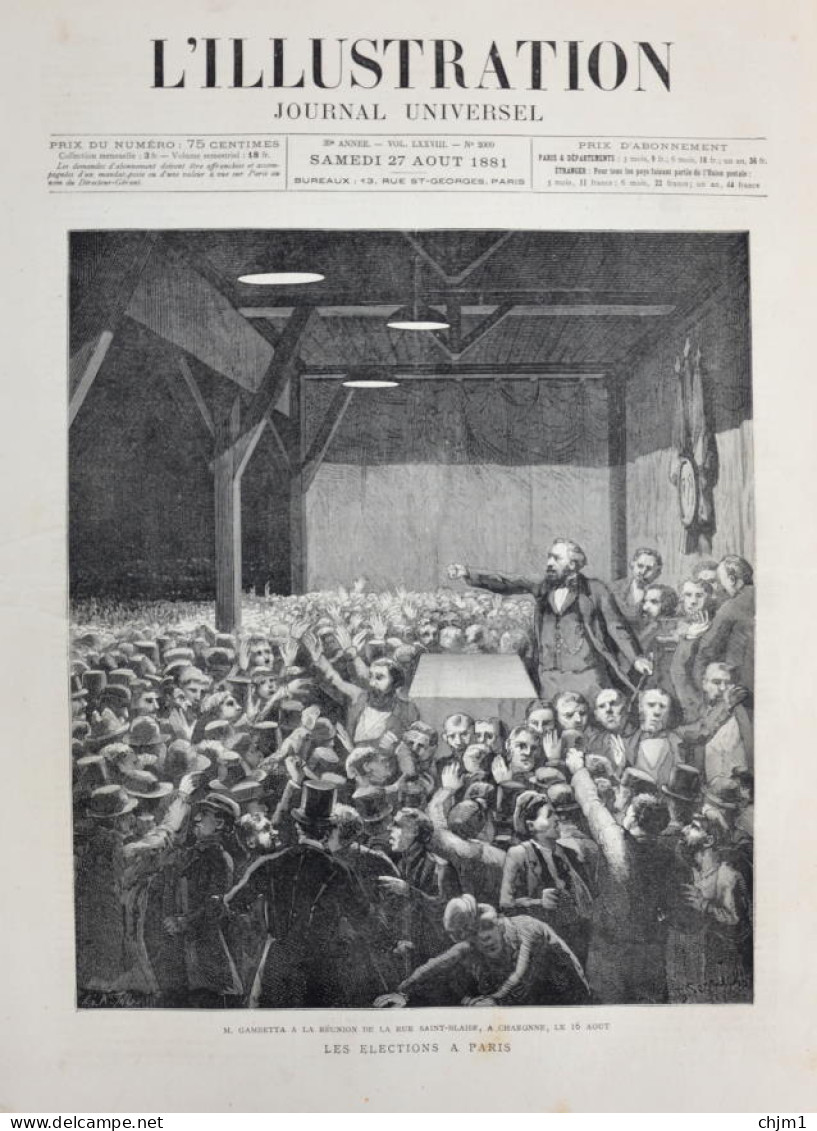 Les Elections à Paris - M. Gambetta à Charonne - Page Originale 1881 - Documents Historiques