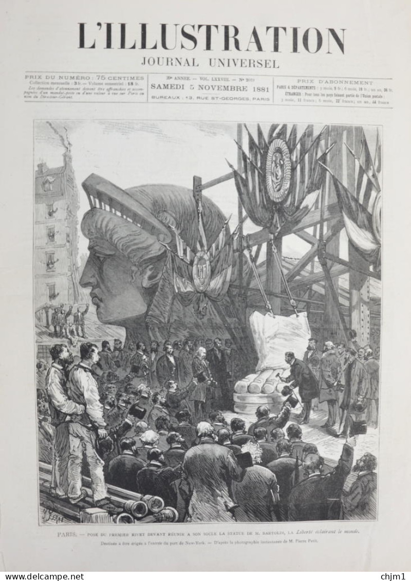 Paris - Pose Du Premier Rivet Devant Réunir à Son Socle De La Statue La Liberté - Page Originale 1881 - Documents Historiques