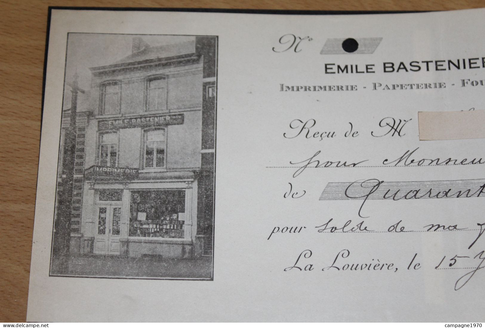 RARE DOC - LA LOUVIERE - IMPRIMERIE EMILE BASTENIER - 1915 ( AVEC VUE DU MAGASIN ) - 1900 – 1949