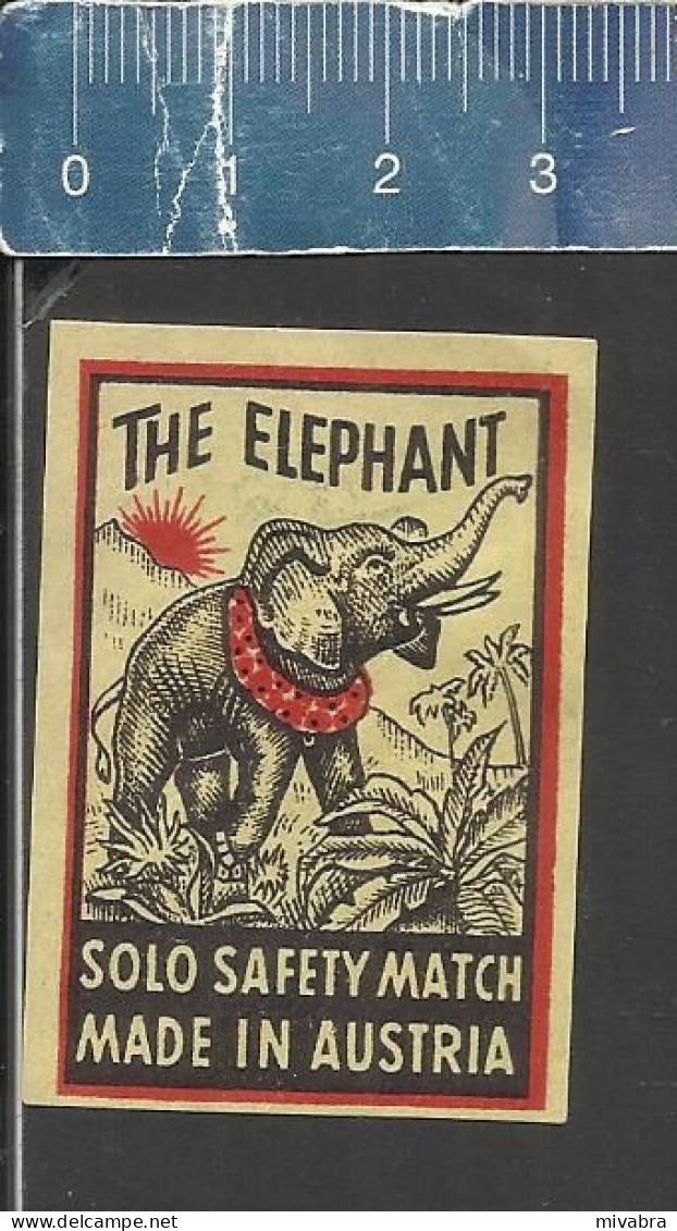 THE ELEPHANT  SOLO SAFETY MATCH MADE IN AUSTRIA - OLD VINTAGE EXPORT MATCHBOX LABEL - Zündholzschachteletiketten