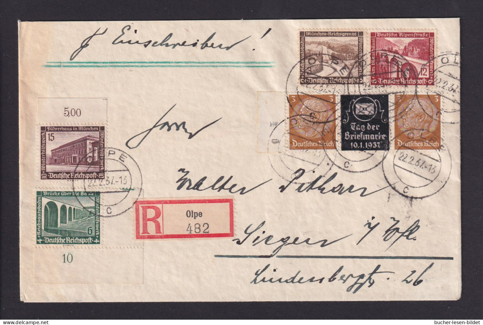 1937 - Zusammendruck (3 Pf. + Werbefeld + 3 Pf.) Mit Zufrankatur Auf Einschreibbrief Ab Olpe Nach Siegen - Tag Der Briefmarke