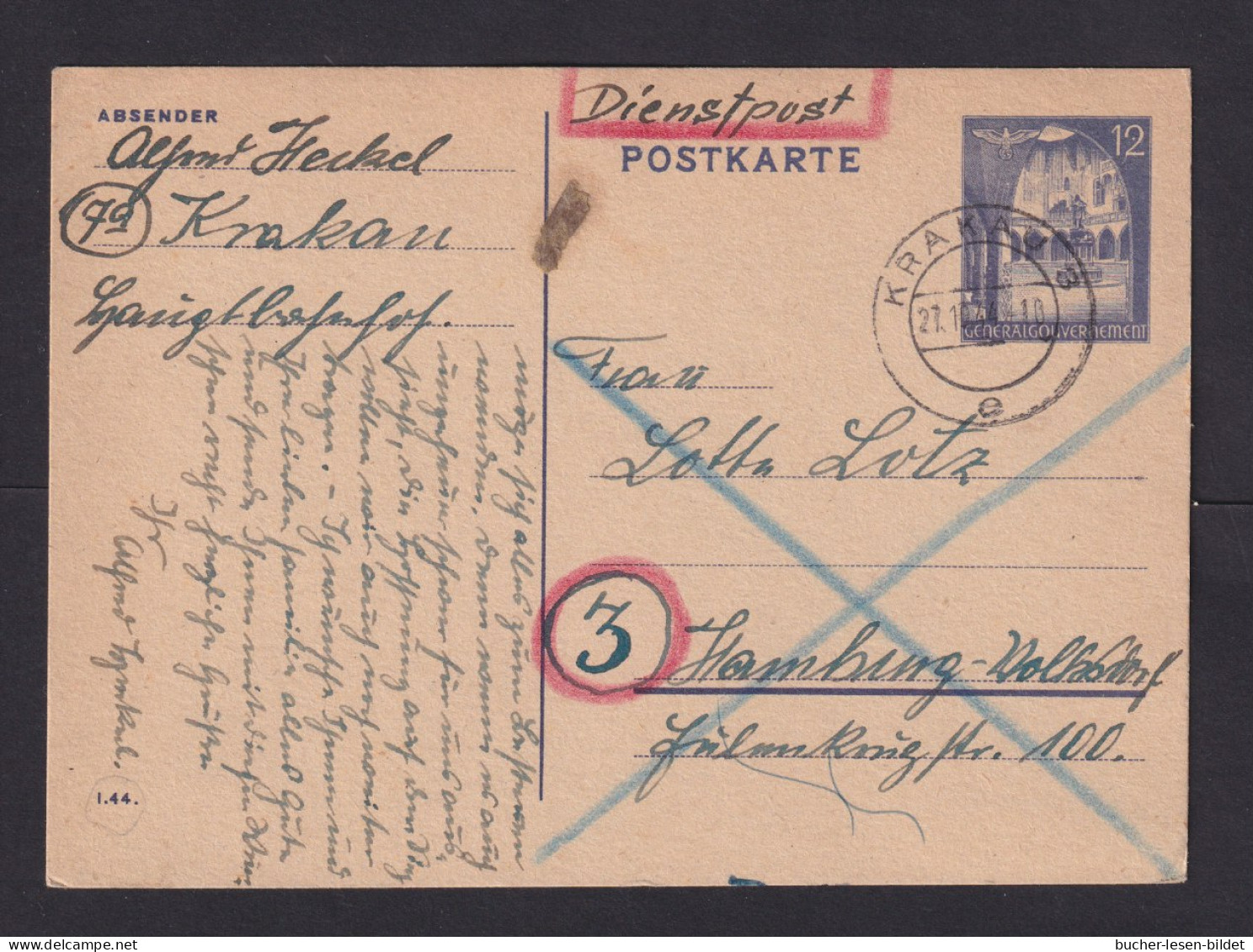 GENERALGOUVERNEMENT - 1944 - 12 Gr. Ganzsache "I.44" (P 12/03) Ab Krakau Nach Hamburg - Ocupación 1938 – 45