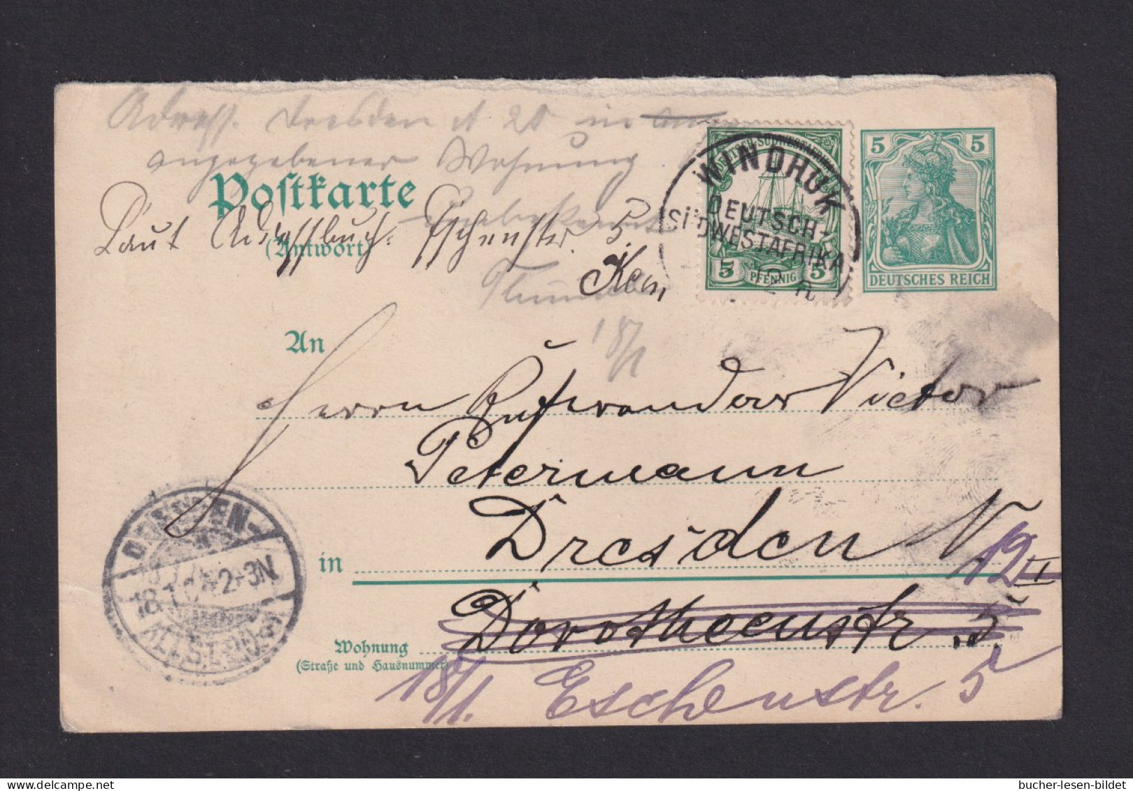 1903 - 5 Pf. DR-Antwort-Ganzsache Mit 5 Pf. Zufrankiert Ab Windhuk Nach Dresden - German South West Africa