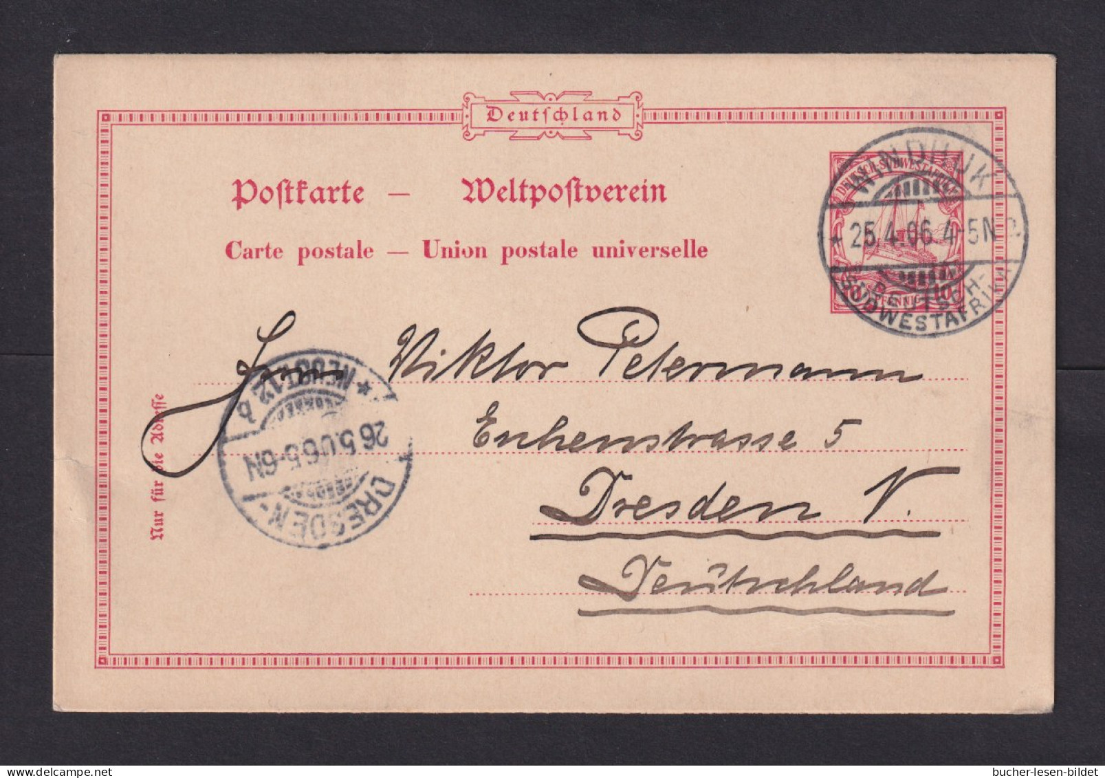 1906 - 10 Pf Ganzsache (P 14) Ab Windhuk Nach Dresden - Sud-Ouest Africain Allemand