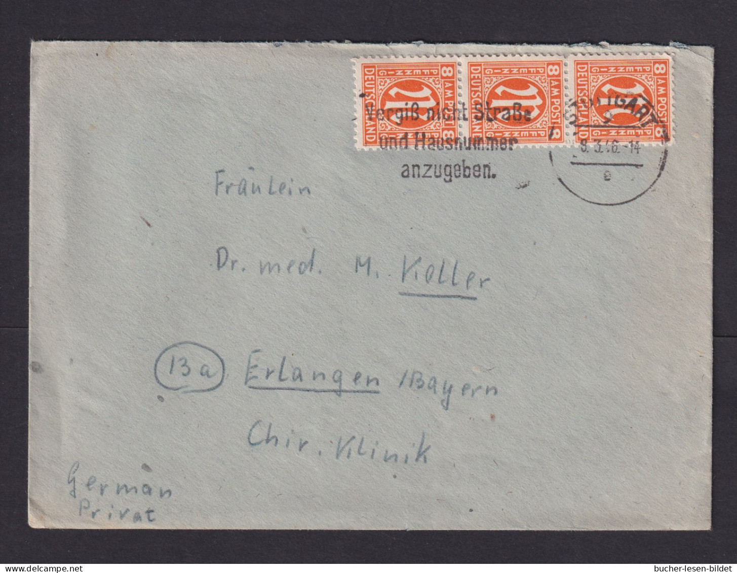 1946 - 3x 8 Pf. (5) Auf Brief Ab Stuttgart Nach Erlangen - Briefe U. Dokumente