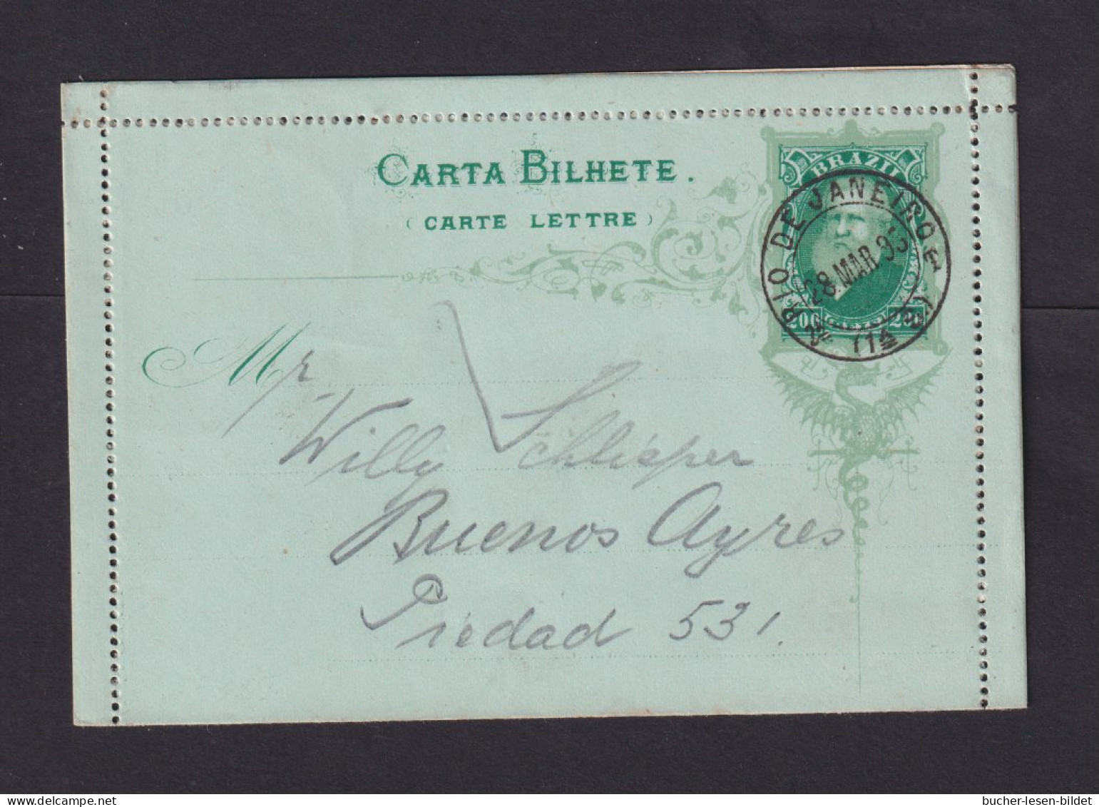 1893 - 200 R. Ganzsache Ab Rio Nach Buenos Aires - Storia Postale