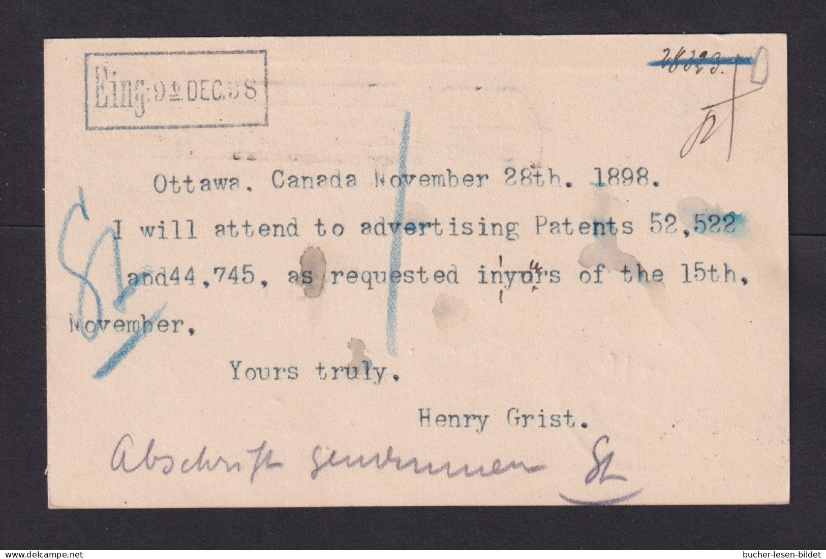 1898 - 2 C. Ganzsache (P 22) Ab Ottawa Nach Berlin - Briefe U. Dokumente